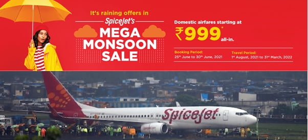 SpiceJet’s raining offers 'Mega Monsoon Sale' Starting, Flight Tickets on just Rs 999